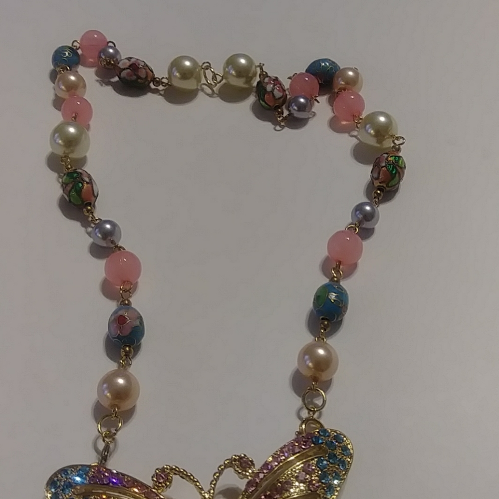 🔥2 for $20🔥Beaded Necklace with Rhinestone Butterfly Pendant/Brooch - Picture 3 of 5